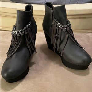 Platform wedge fringe booties